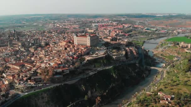 Ponto Vista Panorâmico Aéreo Drone Cidade Histórica Toledo Castillala Mancha — Vídeo de Stock