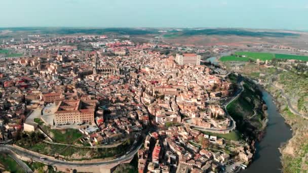 Aereo Panoramico Drone Punto Vista Storico Della Città Toledo Castillala — Video Stock