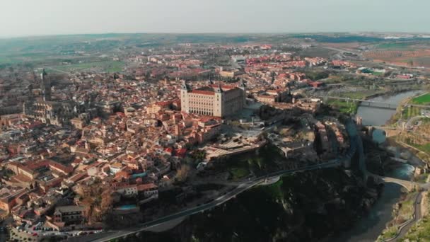 Luchtfoto Panoramische Drone Standpunt Historische Stad Toledo Castillala Mancha Uitgeroepen — Stockvideo