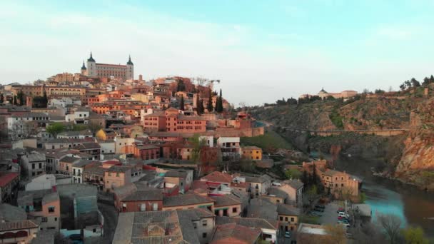 Ponto Vista Panorâmico Aéreo Drone Cidade Histórica Toledo Castillala Mancha — Vídeo de Stock