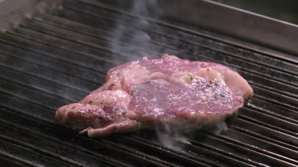 Lassú Mozgás Kilátás Steak Grill Lángoló Láng Közeli Kilátás Séfkezek — Stock videók