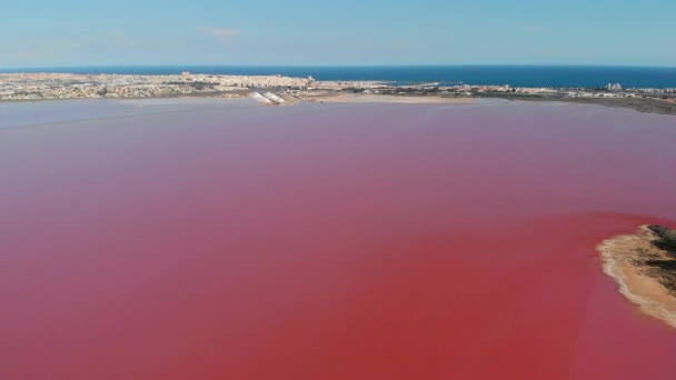 Vista Aérea Panorámica Del Lago Rosa Las Salinas Paisaje Urbano — Vídeos de Stock