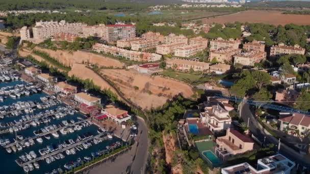 空中无人观景阿德里亚诺港一排排停泊游艇 阳光明媚的夏日 住宅别墅从上方俯瞰现代豪华建筑 巴利阿里群岛Palma Majorca 西班牙 — 图库视频影像