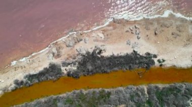 Güneşli bir günde insansız hava aracı sahili ve Las Salinas manzarası. Pembe eşsiz bir göl. İspanya 'nın Turistik Torrevieja kentindeki tuz üretim fabrikası. Costa Blanca 'da. Alicante vilayeti. İspanya