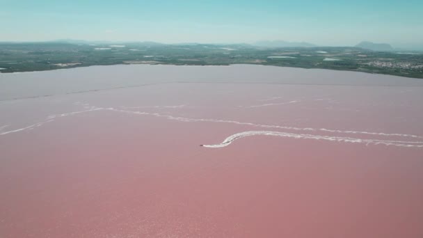 晴れた日の眺めのドローンポイントラス サリナスの風景 ピンク色の珍しいユニークな湖 トルレビエハの観光スペインの都市の塩生産工場 コスタ ブランカ アリカンテ県 スペイン — ストック動画