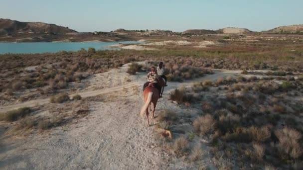 Ponto Vista Drone Aéreo Duas Jovens Mulheres Caucasianas Adultos Monta — Vídeo de Stock