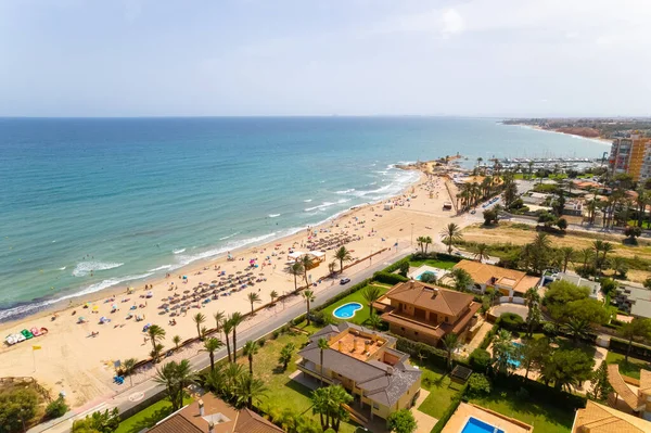 Flygdrönare Synvinkel Dehesa Campoamor Costa Blanca Spanska Turistort Sandstrand Kustlinje — Stockfoto