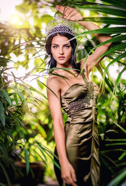 Gorgeous lady in long evening dress and with tiara on a head — Stock Photo, Image