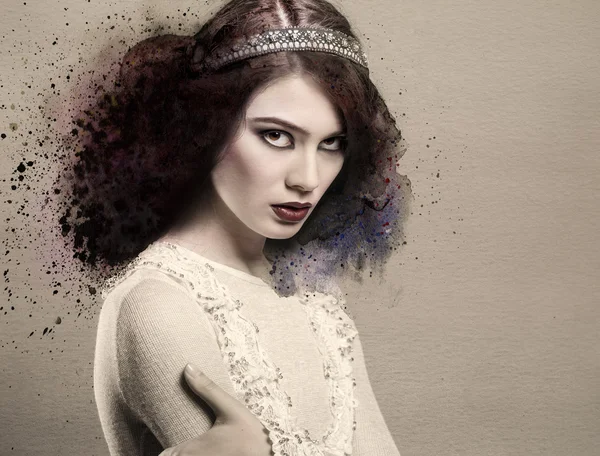 Ritratto di splendida giovane donna con elementi ad acquerello — Foto Stock