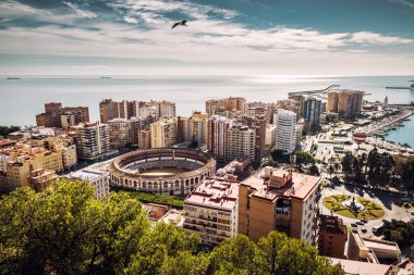 Malaga Arena ve liman hava görünümünü. İspanya