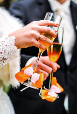 Gelin ve damat bardak şampanya ile 