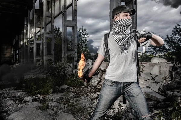 Man with Molotov cocktail — Stock Photo, Image