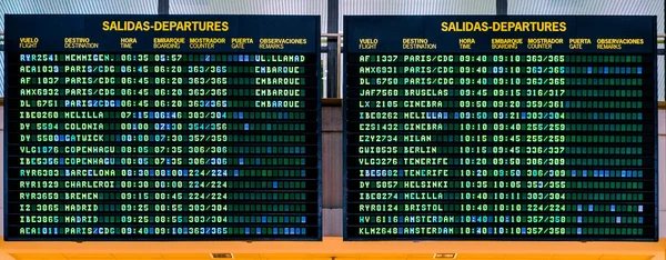 Malaga international airport departures board. Spain — Stock Photo, Image