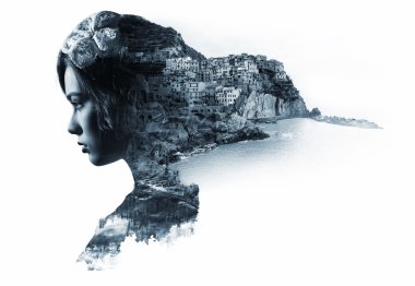 Double exposure portrait of a woman and view of Manarola clipart