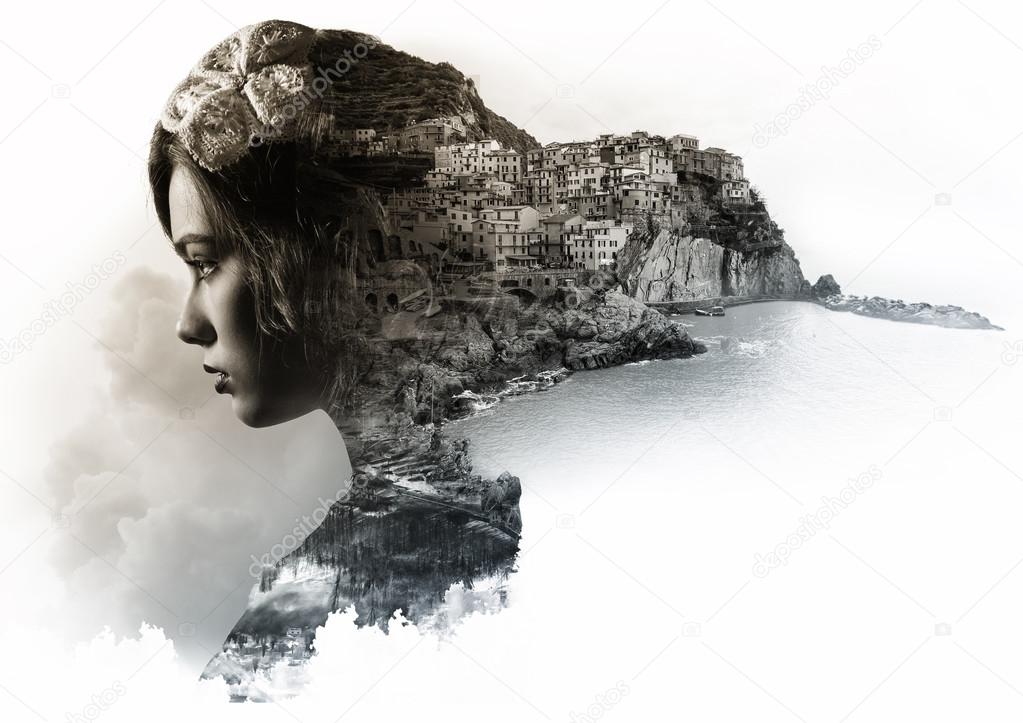 Double exposure portrait of a woman and view of Manarola