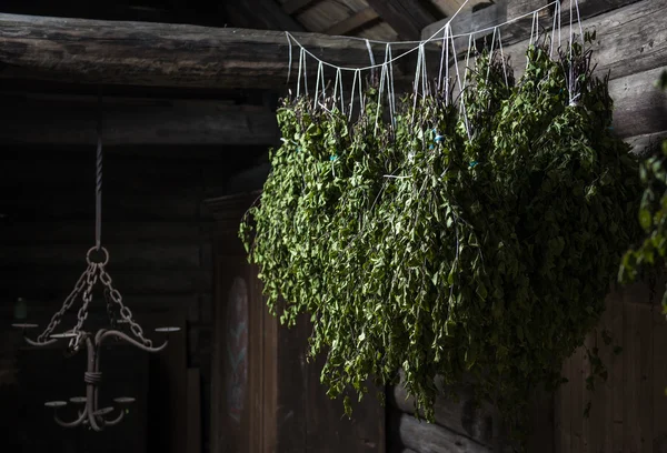 Birch broom inside of a steam room — Stock Photo, Image