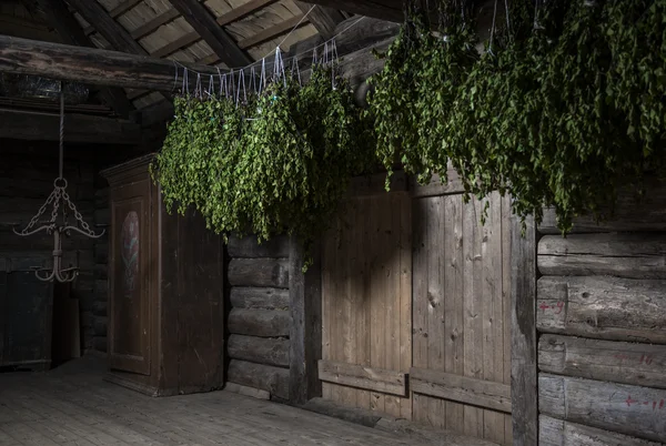 Birch broom inside of a steam room — Stock Image Birch broom inside of a steam room Royalty Free Stock Photos