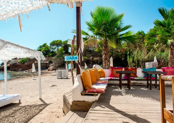 Outdoor bar on the beach of Ibiza. Balearic Islands. Spain — Stock Image Outdoor bar on the beach of Ibiza. Balearic Islands. Spain Stock Photo