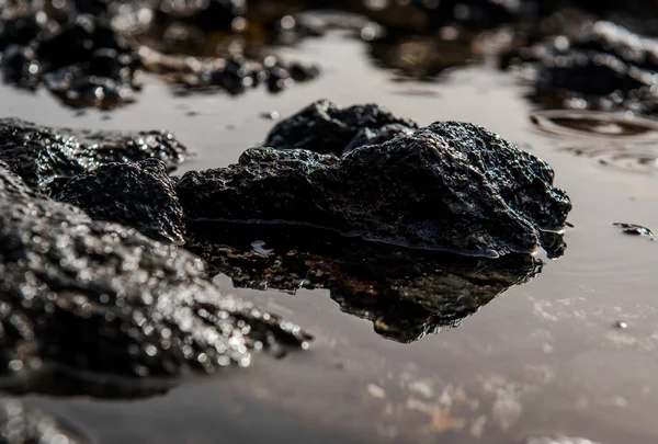 Skalnaté pobřeží Tenerife. Černé vulkanické kameny. Kanárské ostrovy. — Stock fotografie