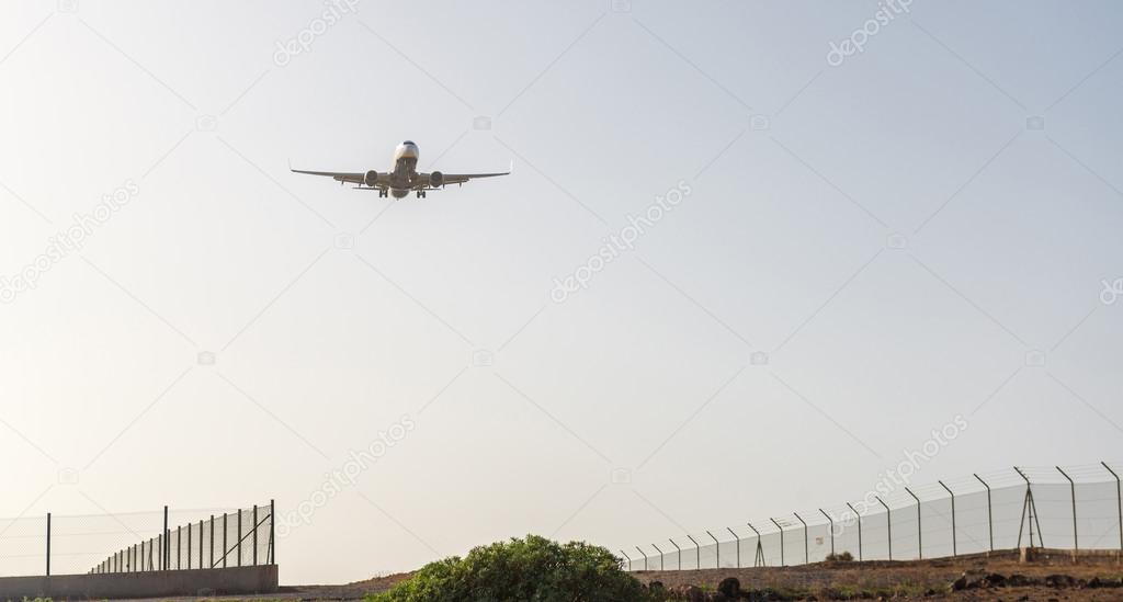 Airplane arriving to the Tenerife airport. Canary Islands. Spain