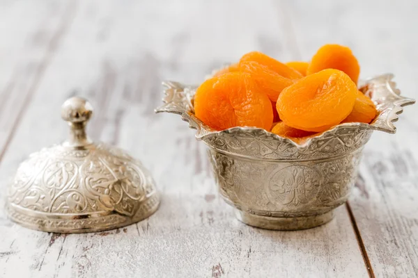 Dried Apricots in Silver Bowl — Stock Photo, Image