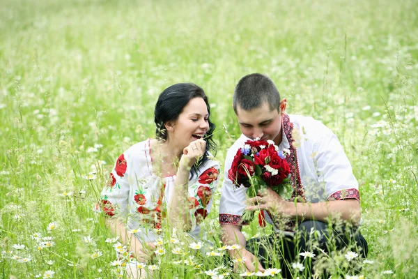 Groom and bride in a field with daisies — Stock Photo, Image
