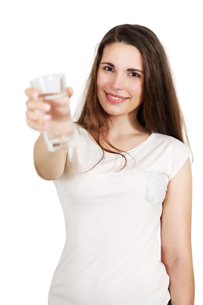 Mulher bebe água, isolado em branco — Fotografia de Stock