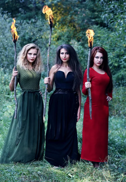 Três bruxas com tochas — Fotografia de Stock