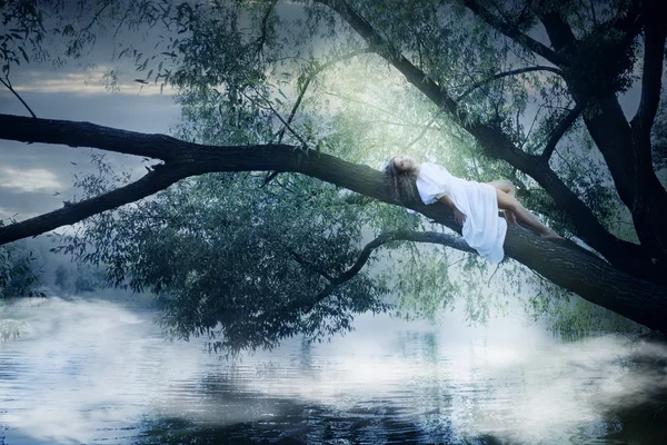Bir ağaç üzerinde yatan kadın — Stok fotoğraf