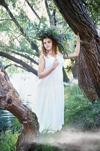 Niña en una corona de flores del campo —  Fotos de Stock