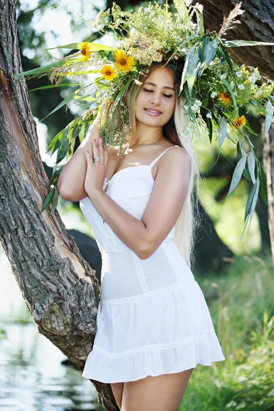 Girl in a wreath from the field flowers — Stock Photo, Image