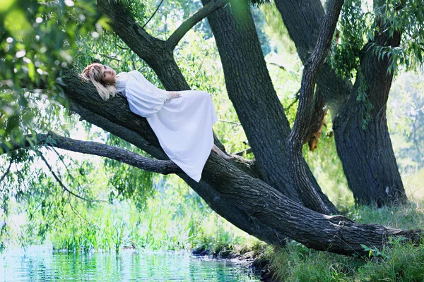 Donna sdraiata su un albero — Foto Stock