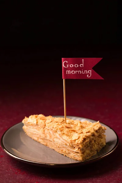 Sneetje Heerlijke Napoleon Cake Goedemorgen Wensen — Stockfoto