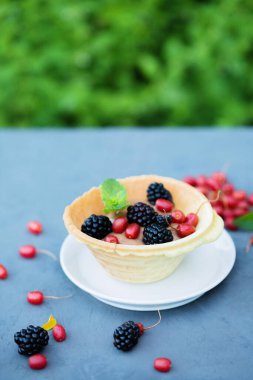 Kremalı ve meyveli yaz tatlısı. Çıtır waffle tabağında.