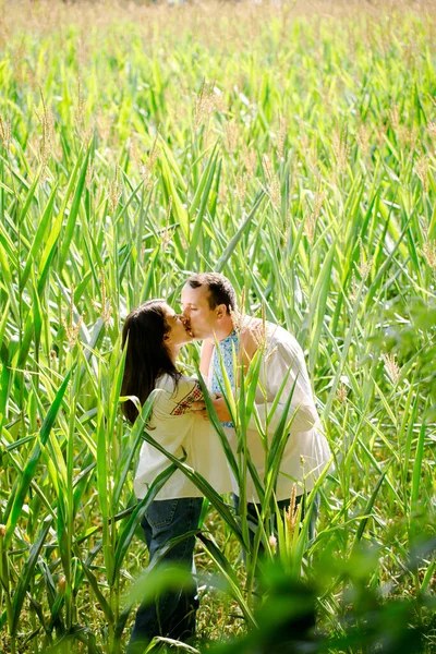 Jovem Casal Camisas Ucranianas Campo Com Milho — Fotografia de Stock