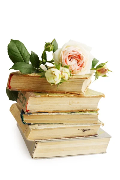 Alte Bücher und Rose — Stockfoto