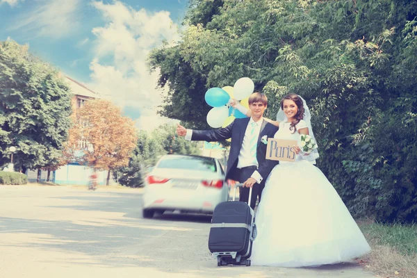 Newlyweds on a journey, tinted — Stock Photo, Image