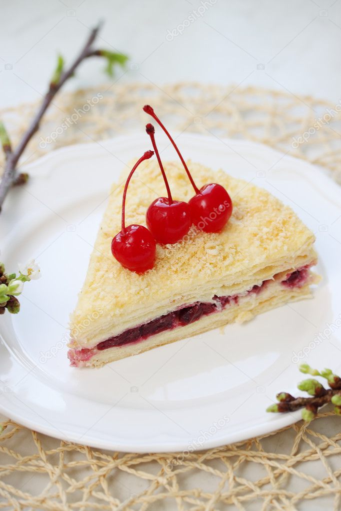 Napoleon cake with cherries