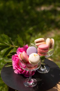 Zarif cam tatlı bardaklarında servis edilen pastel badem kurabiyeleri ve bulanık yeşil bahçe arka planında çiçek açan pembe şakayıklar..