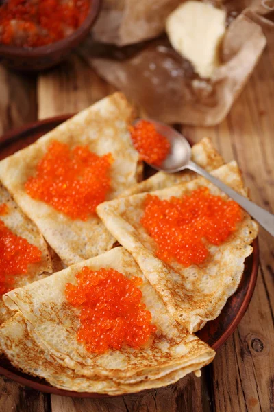 Pancakes with caviar for Shrovetide — Stock Photo, Image