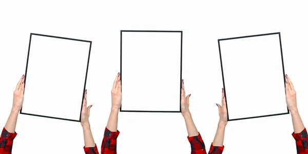 Female hands holding blank boards isolated on white — Stock Photo, Image