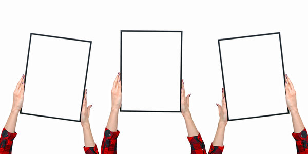 Female hands holding blank boards isolated on white