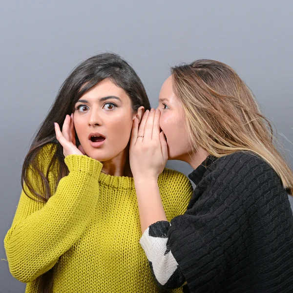 Dos amigas susurrando secretos sobre fondo gris —  Fotos de Stock