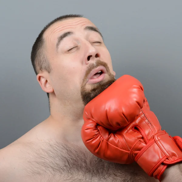 Portrait of funny fat boxer getting punch in face against gray b