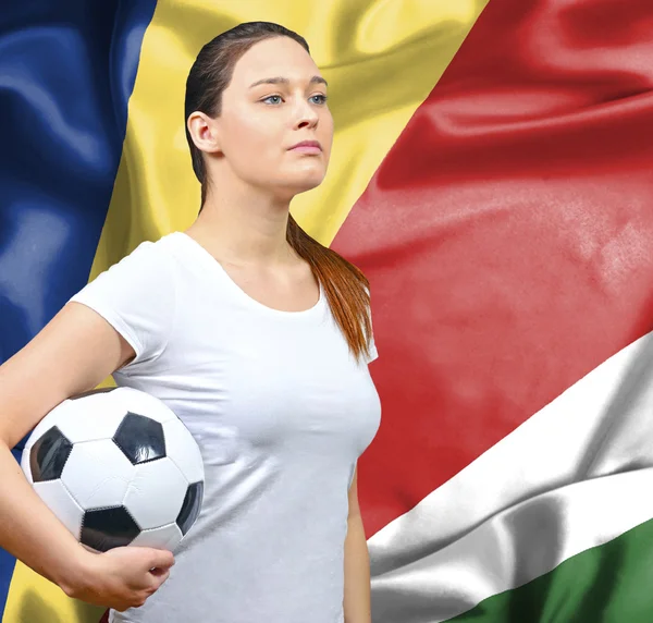 Hrdá žena fotbalový fanoušek Seychely — Stock fotografie