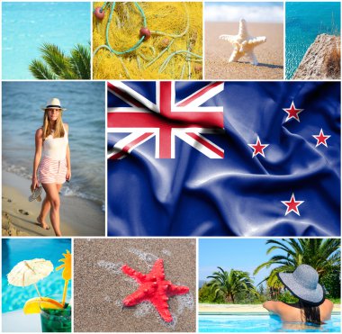 Yaz tatili kavramsal kolaj Yeni Zelanda
