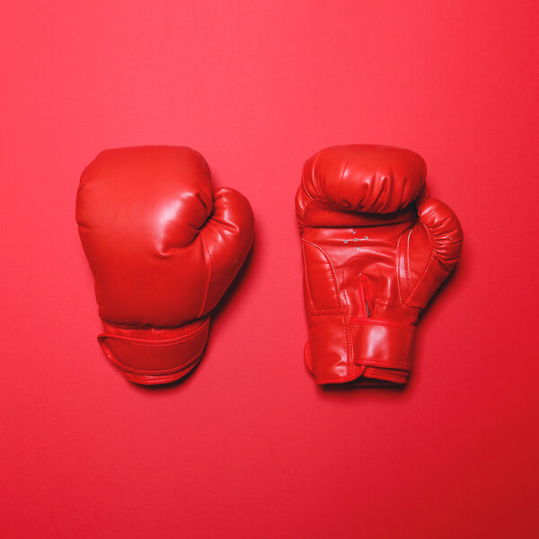 Pair of red boxing gloves on red background - Flat lay minimal d