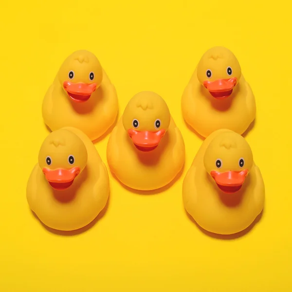Sarı arka planda sarı lastik ördekler - minimal tasarım — Stok fotoğraf