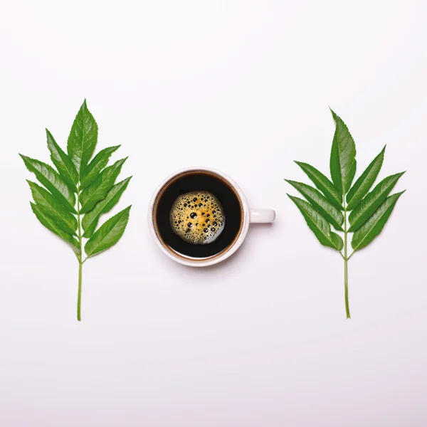 Filiżankę kawy z zielonych liści na białym tle - płaskim leżał — Zdjęcie stockowe