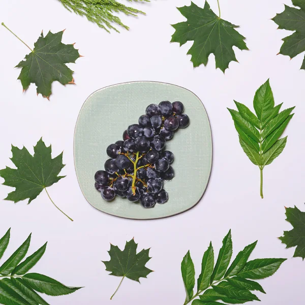 Fresh grapes on plate with green leaves on white background - Fl — Stock Photo, Image